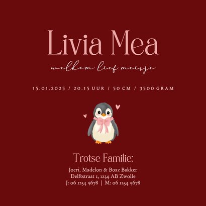 Lief donker rood geboortekaartje met baby pinguin Achterkant