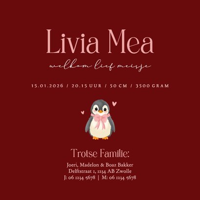 Lief donker rood geboortekaartje met baby pinguin Achterkant