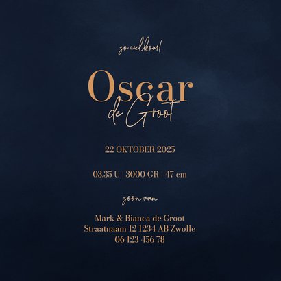 Lief donkerblauw winters geboortekaartje met hertje 3