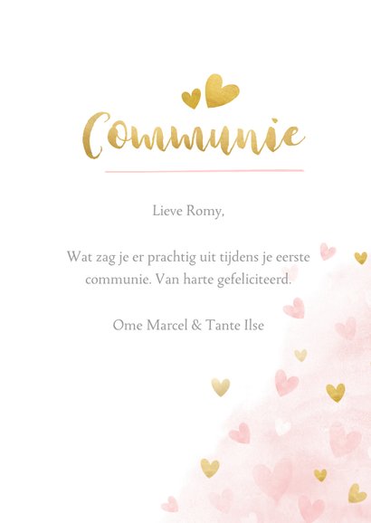 Lief felicitatiekaartje communie roze waterverf met hartjes 3