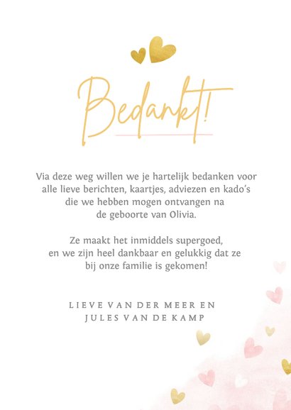 Lief geboorte bedankkaartje met foto voor een meisje 3