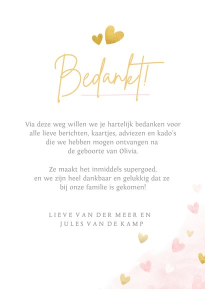 Lief geboorte bedankkaartje met foto voor een meisje 3