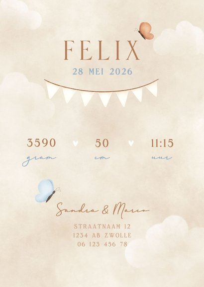 Lief geboortekaartje beertje in luchtballon vlinders en wolk 3