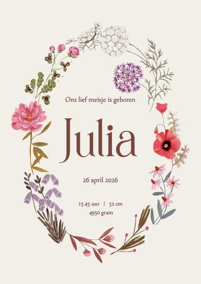 Lief Geboortekaartje bloemen krans ovaal 3