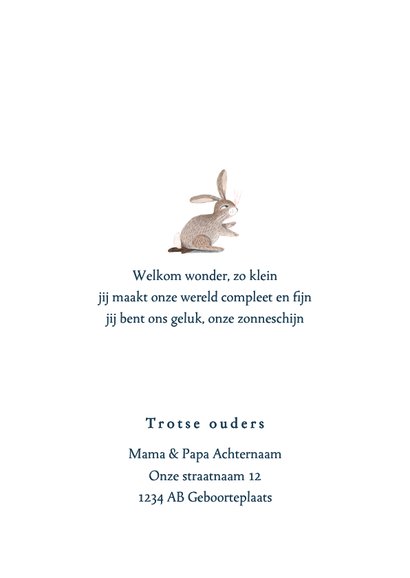 Lief geboortekaartje bloemen rand en konijn 2