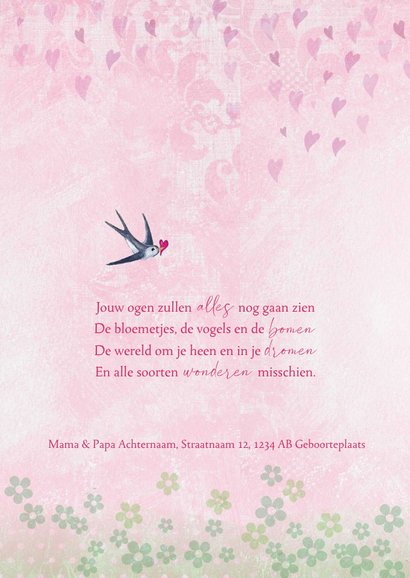 Lief geboortekaartje boom roze meisje vogels en bloemen 2