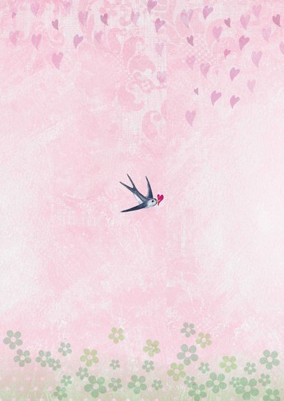 Lief geboortekaartje boom roze meisje vogels en bloemen Achterkant