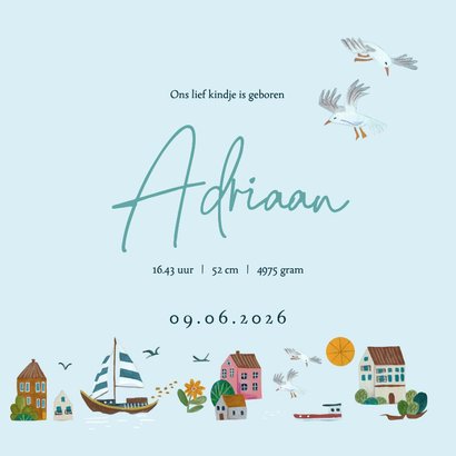 Lief geboortekaartje bootje op zee met een lucht met wolkjes 3