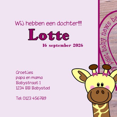 Lief geboortekaartje Giraffe MEISJE 3