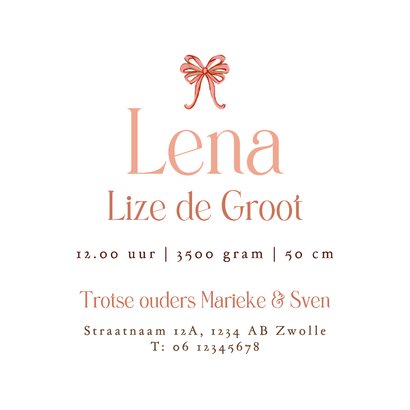 Lief geboortekaartje golvendkader goud strikjes patroon roze Achterkant