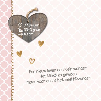 Lief geboortekaartje hout look en roze patroon 2