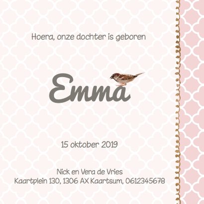 Lief geboortekaartje hout look en roze patroon 3