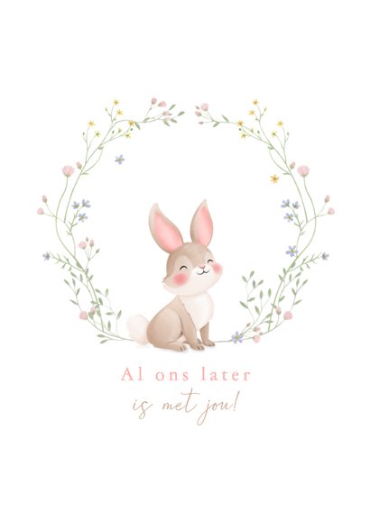 Lief geboortekaartje illustratie konijntje met bloemenkrans 2