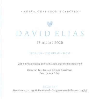 Lief geboortekaartje jongen met blauwe baby voetjes Achterkant