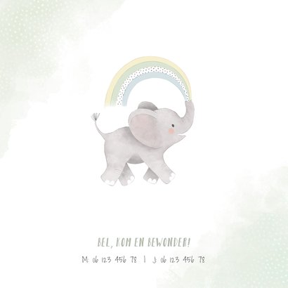 Lief geboortekaartje jongen olifant, regenboog en waterverf 2