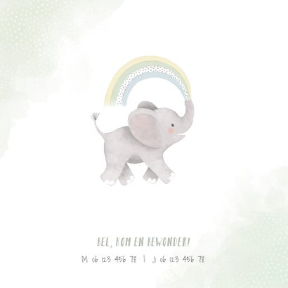 Lief geboortekaartje jongen olifant, regenboog en waterverf 2