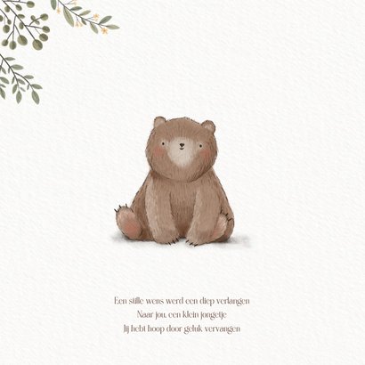 Lief geboortekaartje jongetje met beer plantjes en hartjes 2