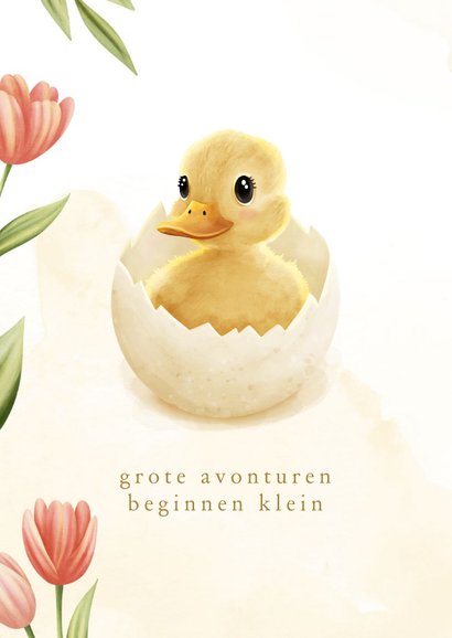 Lief geboortekaartje kuiken in ei met tulpen 2