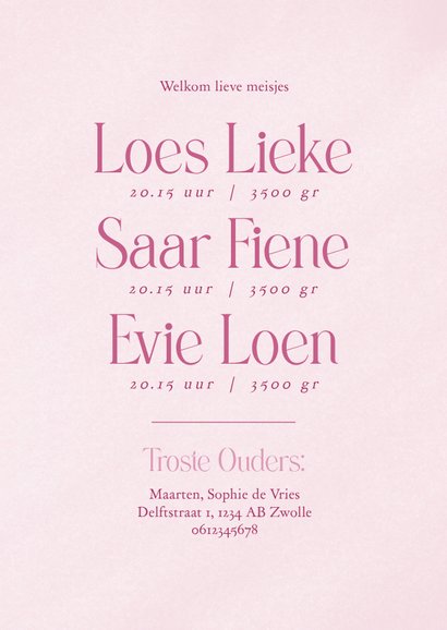 Lief geboortekaartje meerling met zeepaardjes roze 3