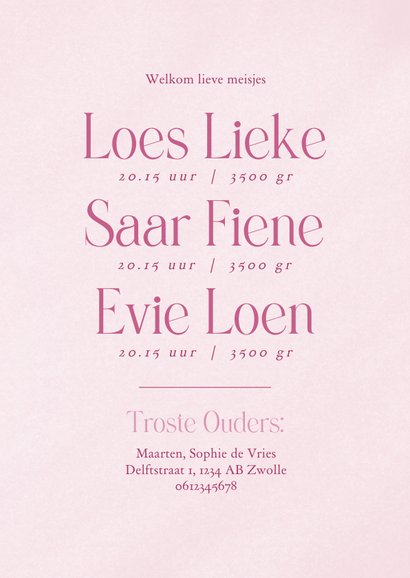 Lief geboortekaartje meerling met zeepaardjes roze 3