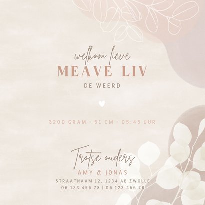 Lief geboortekaartje meisje eucalyptus hartje roze waterverf Achterkant