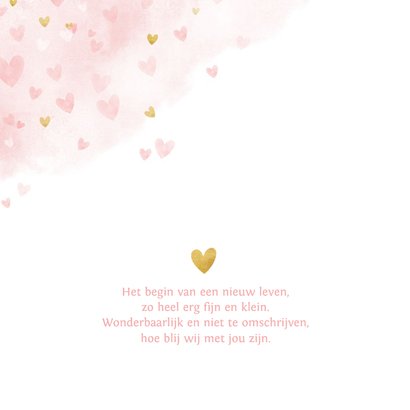 Lief geboortekaartje meisje met roze en gouden hartjes 2