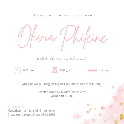 Lief geboortekaartje meisje met roze en gouden hartjes 3