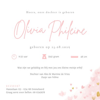 Lief geboortekaartje meisje met roze en gouden hartjes 3