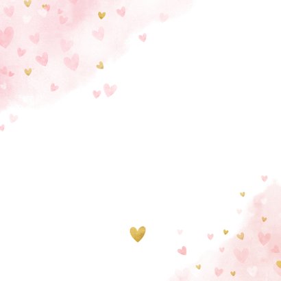 Lief geboortekaartje meisje met roze en gouden hartjes Achterkant