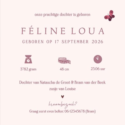 Lief geboortekaartje meisje met vos illustratie en vlinder 3
