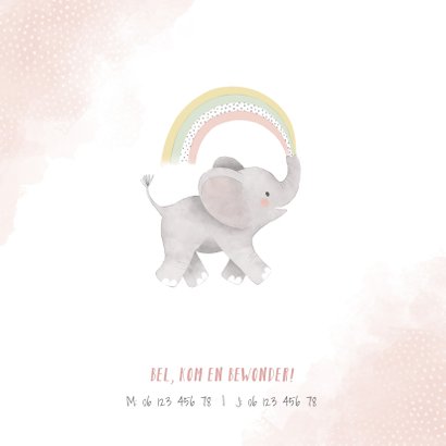 Lief geboortekaartje meisje olifant, regenboog en waterverf 2