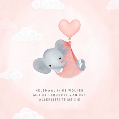 Lief geboortekaartje meisje olifantje in draagzak en ballon 2
