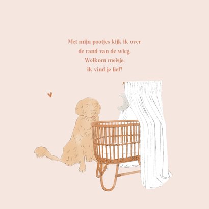 Lief geboortekaartje meisje wieg en hond illustratie roze 2