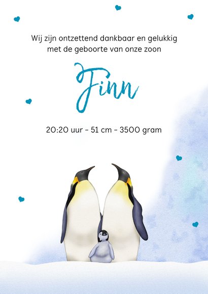 Lief geboortekaartje met 2 trotse pinguïns met jong 3