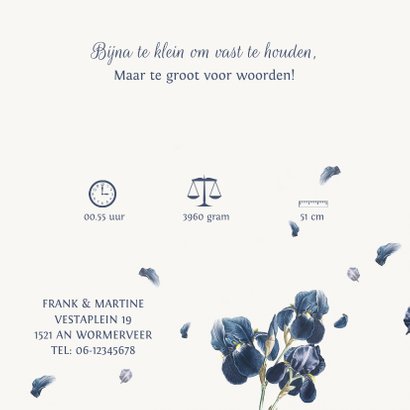 Lief geboortekaartje met blauwe jasmijn bloemen 3