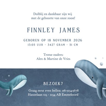 Lief geboortekaartje met een waterverf walvis illustratie Achterkant