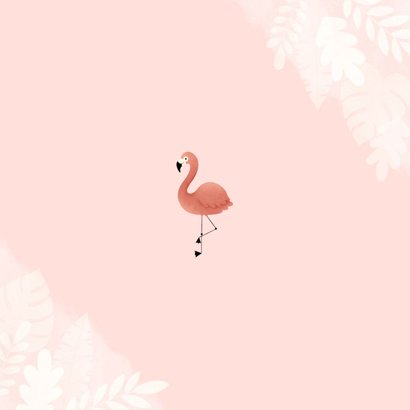Lief geboortekaartje met flamingo, jungle en waterverf Achterkant