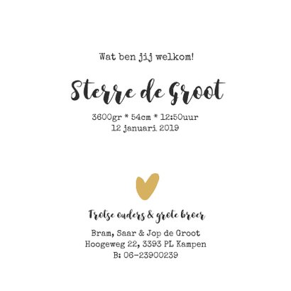 Lief geboortekaartje met foto en okergele achtergrond 3