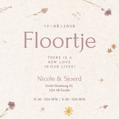 Lief geboortekaartje met gedroogde bloemen beige 3