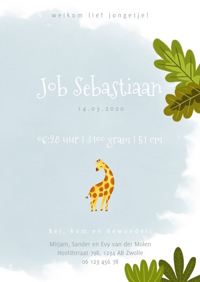 Lief geboortekaartje met giraffe, plantjes en waterverf 3