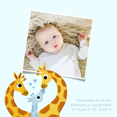 Lief geboortekaartje met giraffes en hartjes voor jongen 2