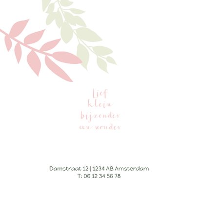 Lief geboortekaartje met groene en roze takjes 2