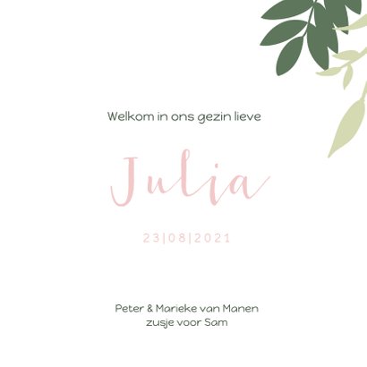 Lief geboortekaartje met groene en roze takjes 3
