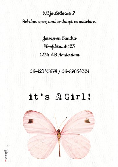 Lief geboortekaartje met roze vlinders - SWEET BUTTERFLY 2