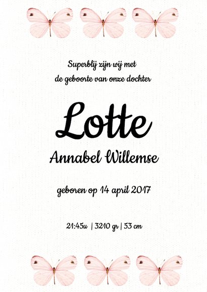 Lief geboortekaartje met roze vlinders - SWEET BUTTERFLY 3