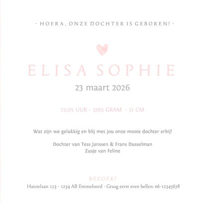 Lief geboortekaartje met roze waterverf baby voetjes 3