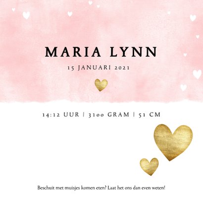 Lief geboortekaartje met roze waterverf en gouden hartjes 3