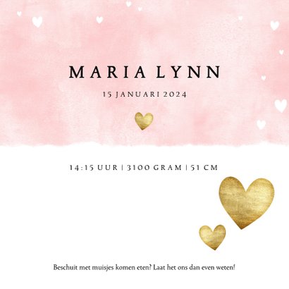 Lief geboortekaartje met roze waterverf en gouden hartjes 3