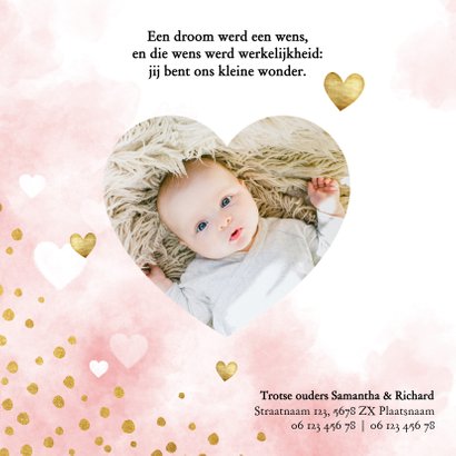 Lief geboortekaartje met roze waterverf, hartjes en stipjes 2