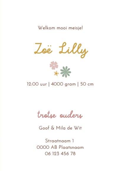 Lief geboortekaartje met schattige bloemetjes 3